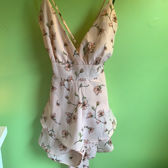 Floral Print Layered-Hem Romper in Blush with pink/green flowers - Picture 5 of 9